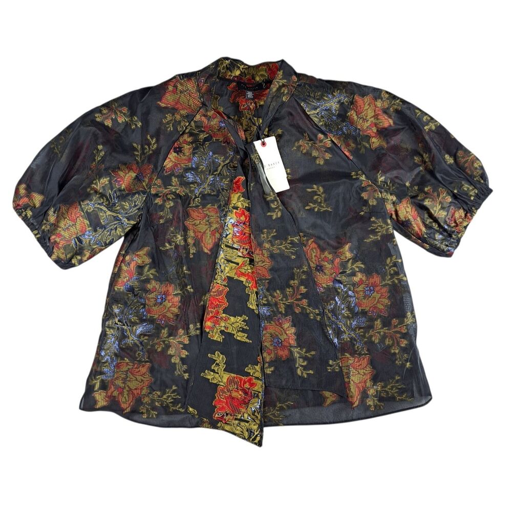 Ted Baker Bow Sheer Blouse Puff Sleeve Shirt Womens 3 Floral Black NEW